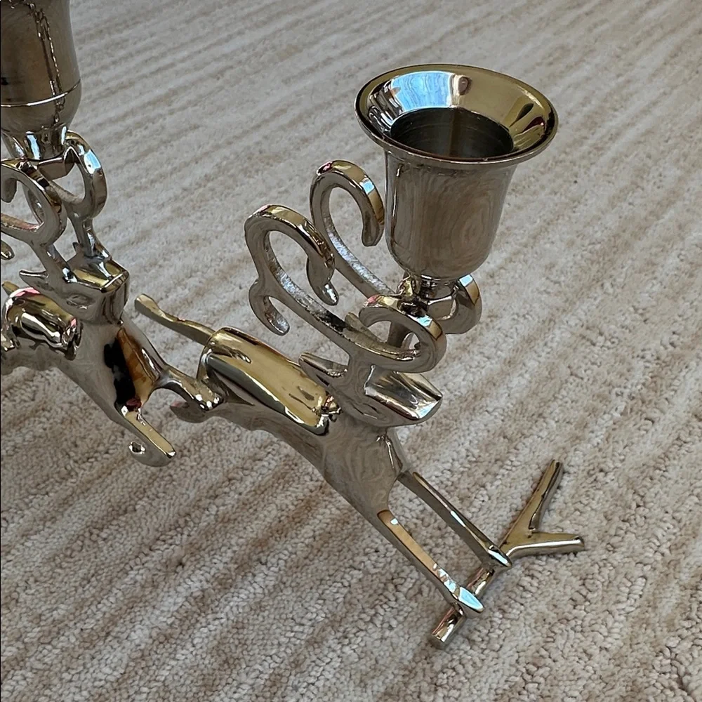 Like New: Christmas Chrome Silver Reindeer Candle Holder Trio Mantle Centerpiece